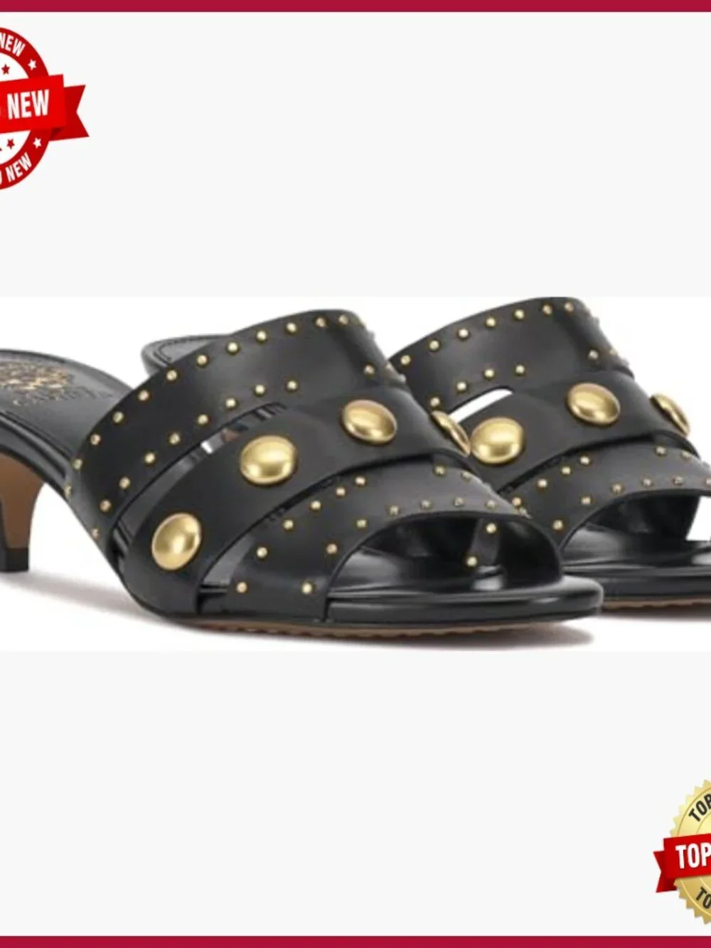 Leather Heeled Sandals with Studded Straps, Kitten Heel Mules
